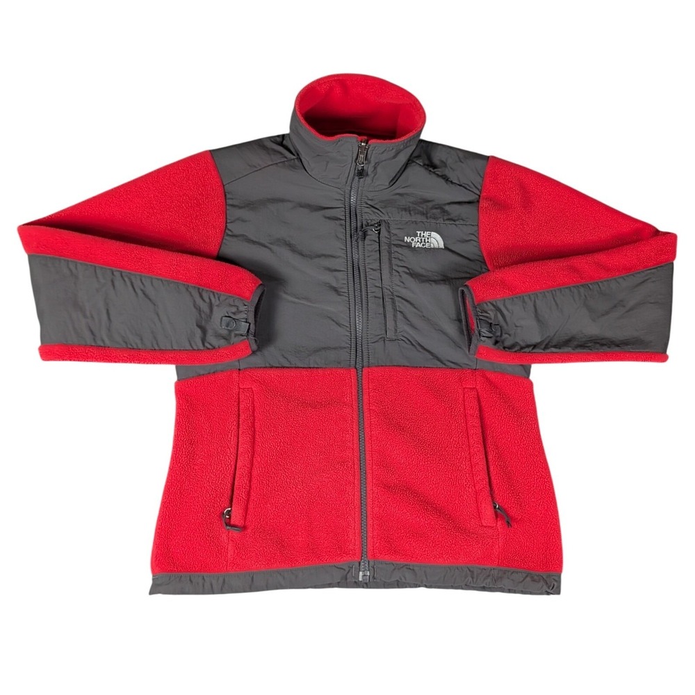 The North Face Denali Fleece Jacket Red Charcoal Grey Full Zip Mock Neck Womens